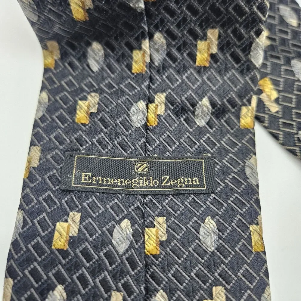 Ermenegildo Zegna Black Gold Rectangle Oval Geometric Tie Career Wedding 59.5x4